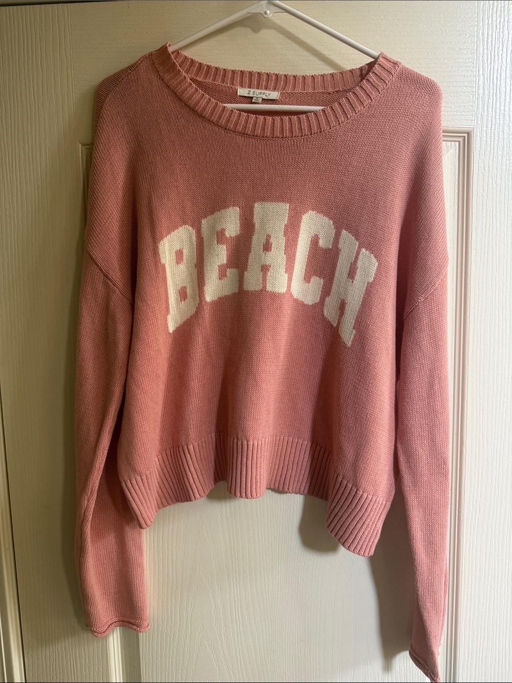 Z Supply Rose Crewneck Sweater with White 'BEACH' Lettering